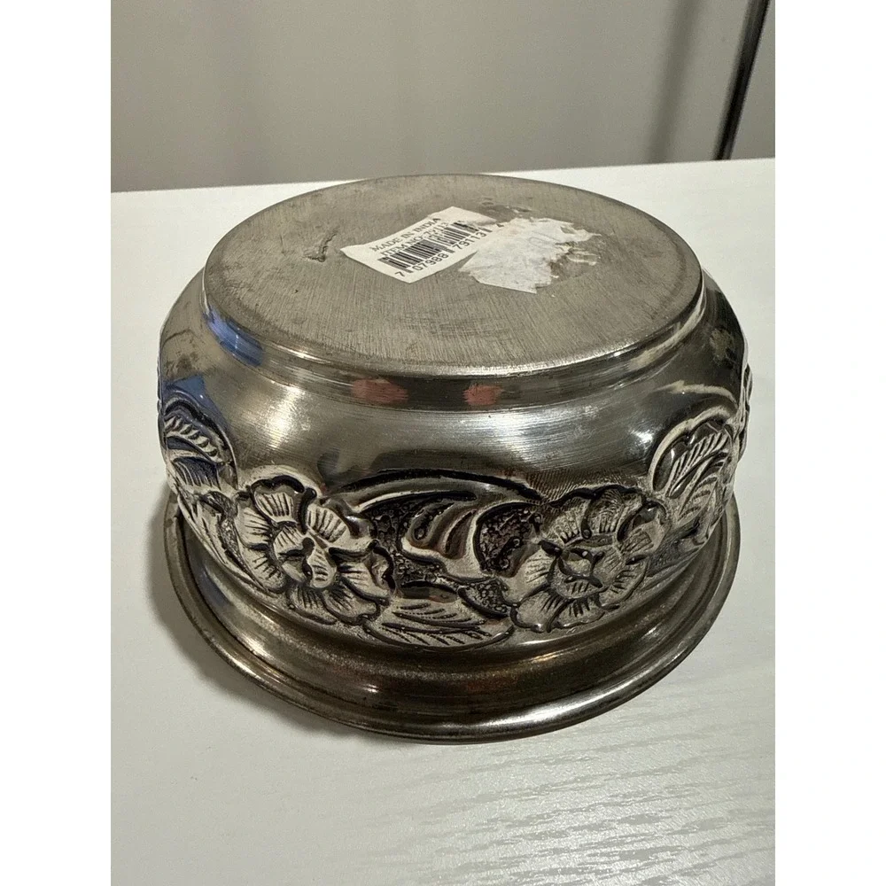 Vintage Silver Tone Embossed Floral Metal Bowl Made in India Decorative 6 Inch
